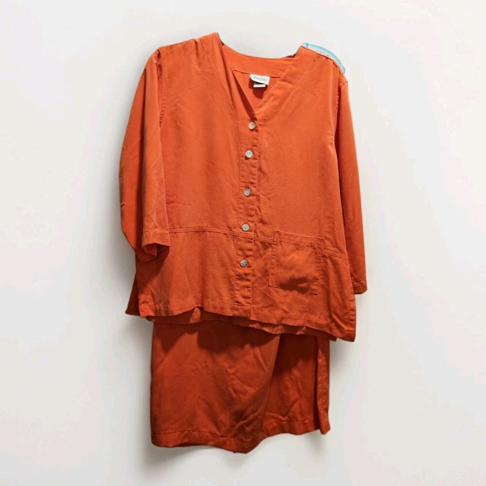Toofan Womens Skirt Set S/M Medium Woven Tencel Button Front Blouse Orange LN